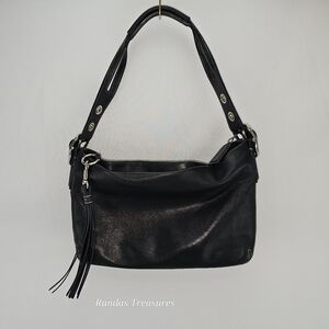 Coach Medium Black Leather Shoulder Bag Split Strap Tassel Hobo Bag H04S-1417
